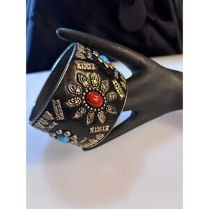 Faux Red, Turquoise Stone BOHO Black Silver Tone Bangle Bracelet